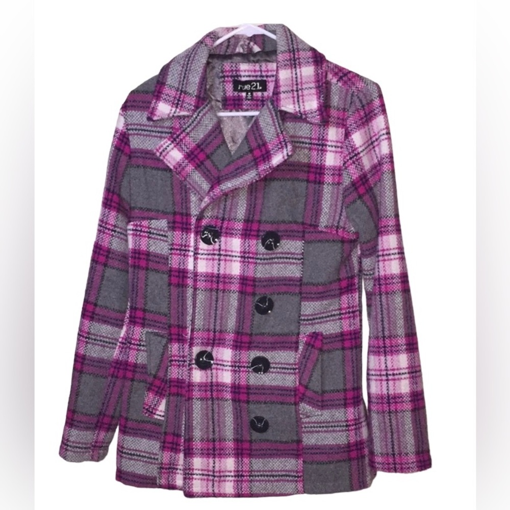 Rue21 like new pink/fuscia/grey plaid wool coat size M